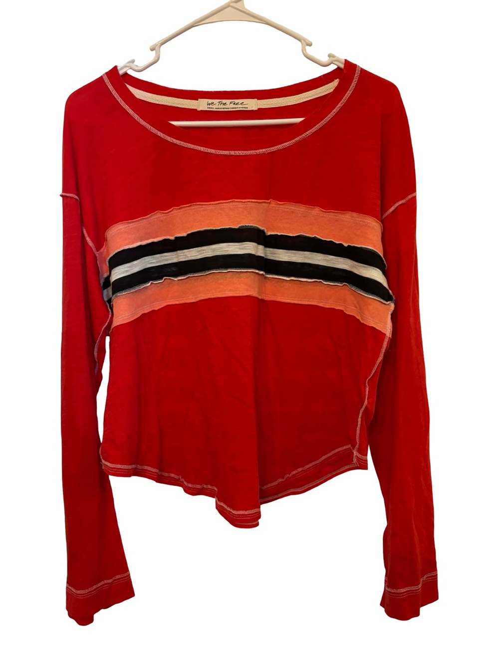 We The Free Red Long-Sleeve Retro SportyCrop Top with Striped Band Small